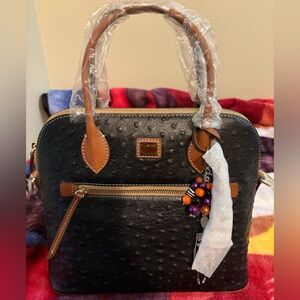 NWT Dooney & Bourke Black Ostrich Embossed Domed Satchel w/Skelton Purse Charm